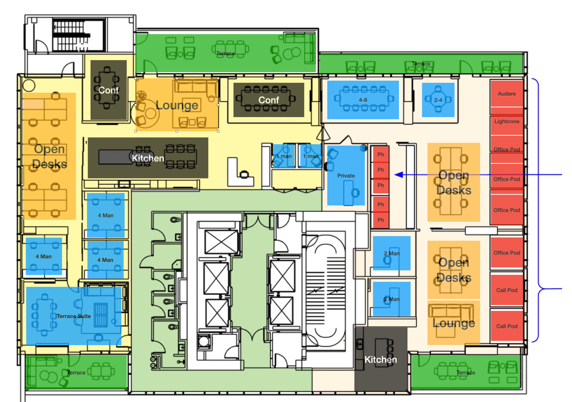 Arena | Modern floor plan — terraces, offices, pods, conference rooms, and open desks